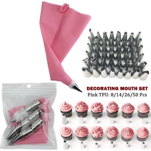 8/14/26/50pcs Pink Silicone Pastry Bags Tips 48 Icing Piping Nozzle Cream Reusable Pastry Bag Cake Decorating Tool Pastry Nozzle