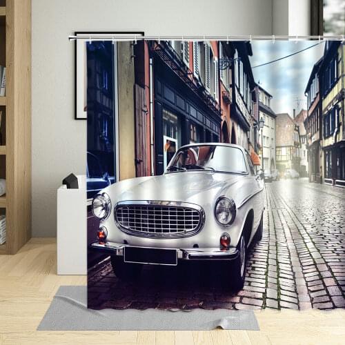 White Retro Car Bathroom Curtains Classic Cars Bathtub Decor Shower Curtain Waterproof Polyester Hanging Curtains With Hooks