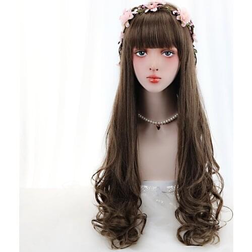 Free Beauty Long Wavy Synthetic Brown 30'' Lolita Cosplay Wigs with Bangs for Women High Temperature Fiber Daily Makeup