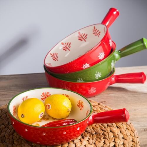 European-style Hand-painted ceramic underglaze color 8 inch handle large ceramic bowl Anti-hot baked rice bowl Fruit salad bowl