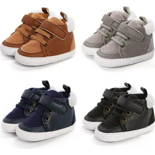 Newborn Prewalker First Walking Crib Infant Baby High-Top Sneakers Soft Anti-Slip Sole PU Leather Warm Shoes
