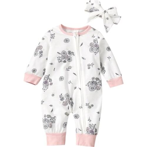 0-18M Baby Floral Print Clothes Set, Girls Long Sleeve O-neck Zip-up Jumpsuit+Bow-knot Headband