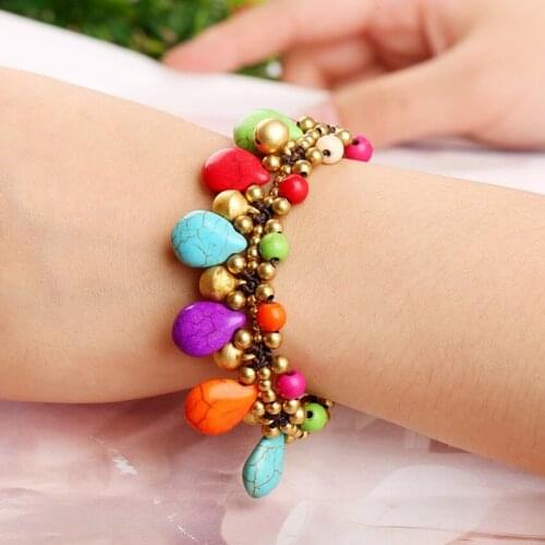 FYJS Unique Copper Stackable Water Drop Many Colors Turquoises Stone Stretchy Bracelet Ethnic Jewelry