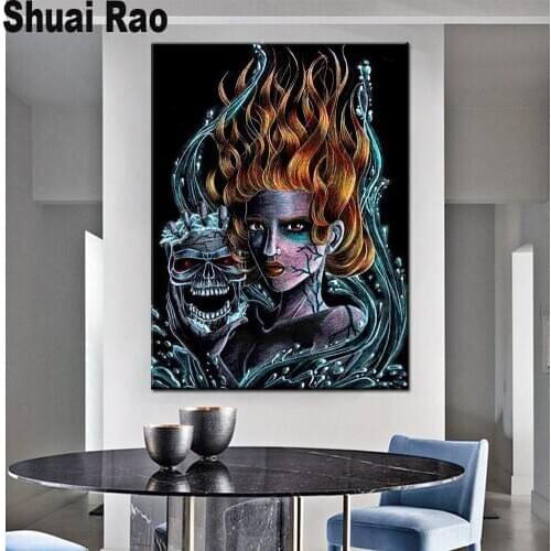 Gothic Skull woman 5d diy diamond painting full square round diamond embroidery red tousle portrait for 2020 Halloween gift