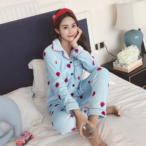 H5711 Women Pajamas Autumn Winter Coral Velvet Long Sleeves Nightwear Thicker Sweet Lovely Flannel Cartoon Comfortable Sleepwear