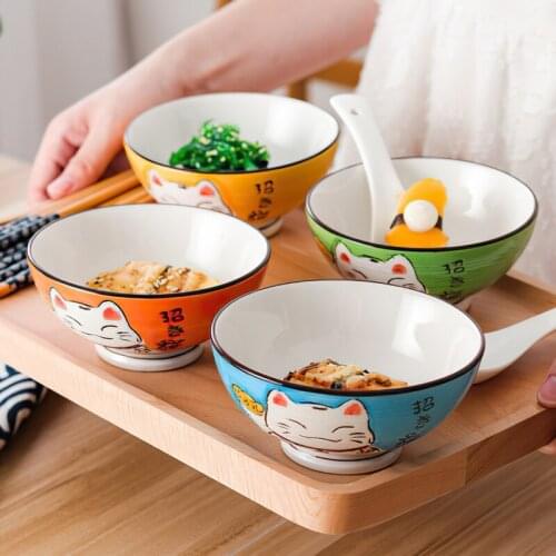 Ceramic High Bowl Multi-Sized Colorful Lucky Cat Soup Bowl Salad Bowl Underglaze Kitchen Household Tableware Childrens Couple