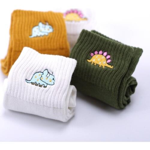 Cute Embroidery Dinosaur Women Cotton Socks White Lovely Cartoon Animal Vintage Short Socks Novelty Crazy Funny Cozy Sock Happy