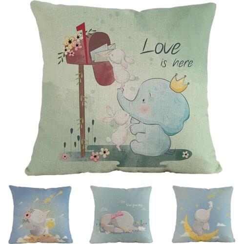Cartoon Healing Style Cute Baby Elephant Linen Throw Pillow Case Home Sofa Children Kids Nursery Room Decorative Cushion Cover