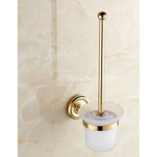 Gold Golden Color Brass Wall Mounted Toilet Brush & Holder & Glass Cup Set Bathroom Accessory aba611