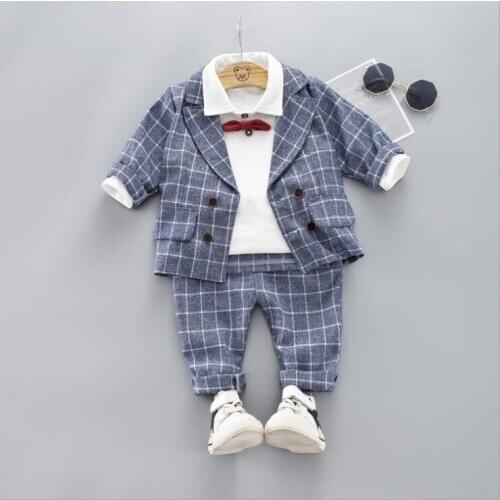 Autumn Children Baby Clothes Kids Boys Plaid Coat Long Sleeve Pants 3Pcs/sets Toddler Fashion Cotton Clothing Infant Tracksuits