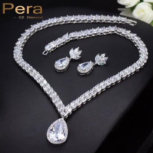 Pera CZ Elegant Big Water Drop Necklace And Earrings For Women Romantic Two Row Marquise Cubic Zirconia Crystal Jewelry Set J137