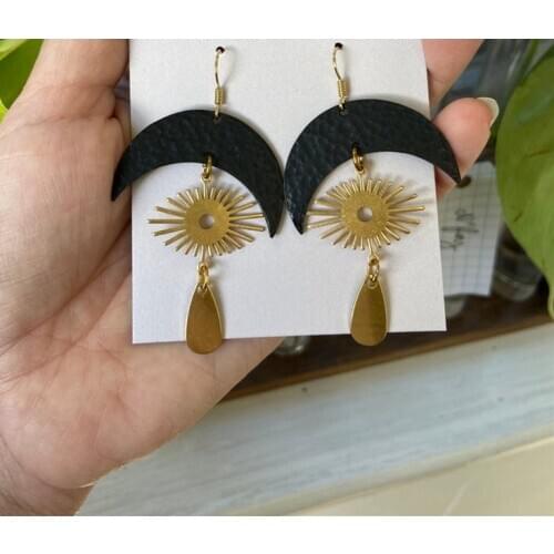 Golden Moon and Black Evil Eye Dangle Earrings Witchy Gypsy Earring Celestial Gift