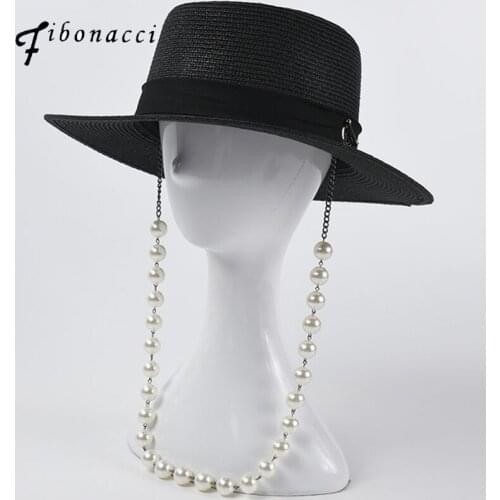 Fibonacci Summer Straw Hats For Women European Pearl Chain Concave Straw Hat Sunshade Beach Sun Hat Pork Pie Black Flat Cap