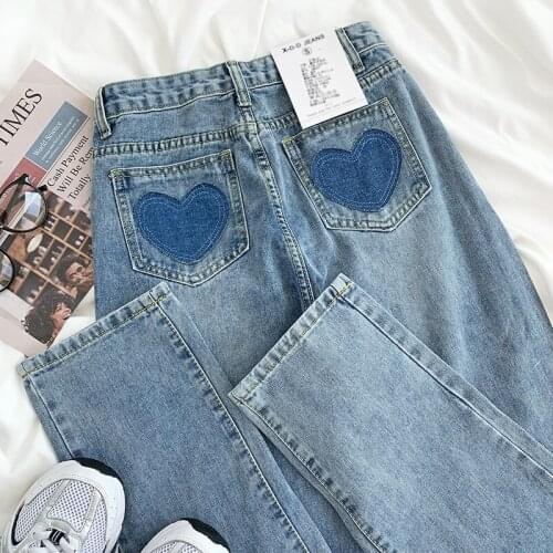 Shnsophi Spring Wash Blue Straight Jeans Women Kawaii Winter Wide Leg Jeans Love Stick Pocket High Waist Loose Thin Trousers