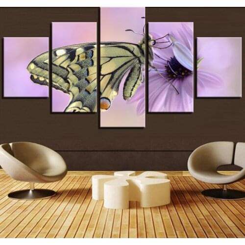 Modern Art Painting 5 Pieces Combined Pink Flowers Posters Yellow Butterfly Canvas Printings Wall for Living Room Decor