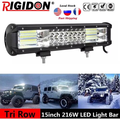 RIGIDON 7D Tri-Row 15inch 216W Car Led Light Bar 12v 24v Combo Beam for Offroad 4WD SUV ATV Trailer Boat Light Fog Light