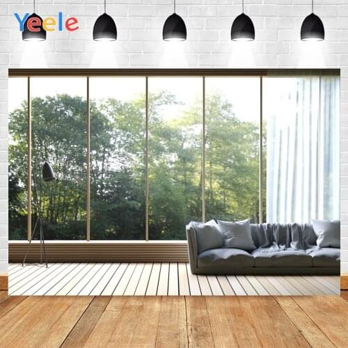 Yeele Wooden Floor Big French Window Gray Sofa Green Trees Background Photophone Photography Backdrop for Decor Customized Size