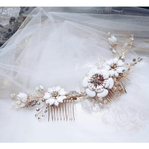 Handmade Wedding Long Comb Hair Accessories White Flower Bridal Crown Hair Accessories For Women Prom
