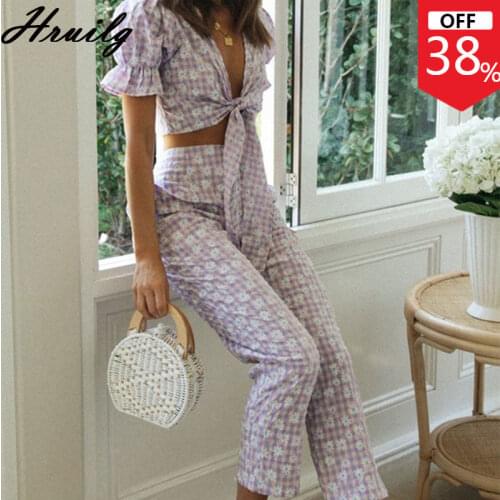 Printed Two-piece Deep V-neck Short Sleeve Strappy Tops and Pant Casual Slim-fit Office Lady Elastic Waist Fashion Trousers Suit