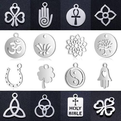 10pcs/lot diy om clover stainless steel charm pendant wholesale good luck tree of life feather jewelry bracelet connector charms