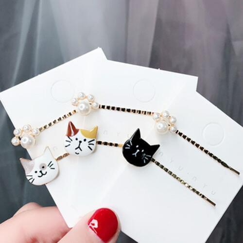 2Pcs/set Korean Women Girls Pearl Metal Hair Clips Cat Bobby Pin Barrette Hairpin Headdress Hair Accessories