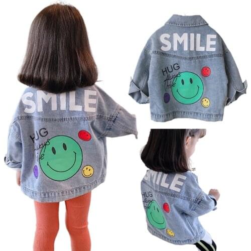 2021 Girls Jackets Childrens Spring Autumn Denim Jacket for girls boys Jeans Jackets Smile Face Kids Outwear Jackets 3-10Y
