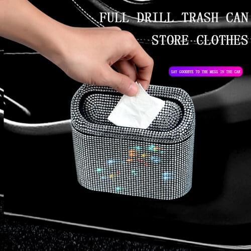 Car Trash Can Interior Organizer Storage Box Car Garbage Bag Press Sealed Trash Can Bling Car Accessories for Girls Woman