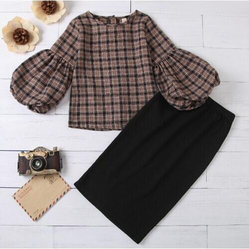 0-6Y Fashion Toddler Baby Girl Clothing Lantern Long Sleeve Plaid Blouse+Black Slim Skirt Spring 2pcs For Girls