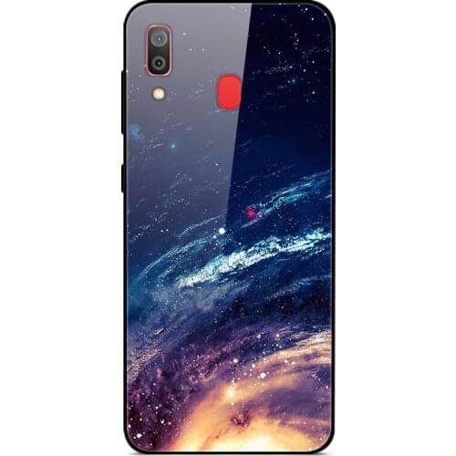 For Samsung Galaxy A30 Phone Case Tempered Glass Case Back Cover With Black Silicone Bumper Star Sky Pattern