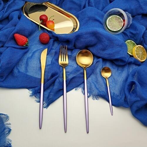 Hot Sale 4 pcs Purple Gold Portuguese Dinnerware Stainless steel Knife Fork Spoon Cutlery Kitchen Food Tableware Flatware Set
