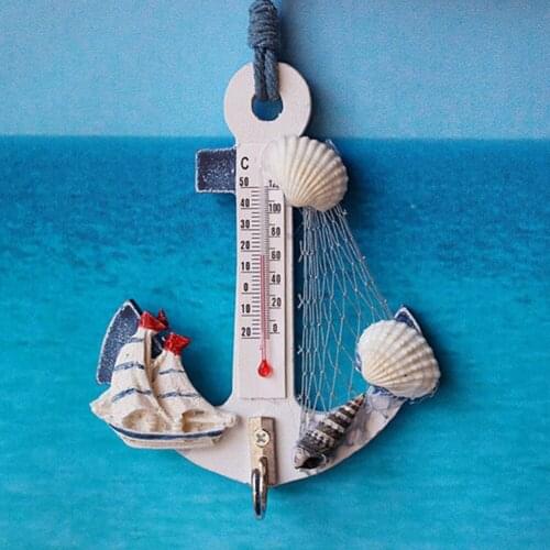 Creative Gift Wood Anchor Thermometer Crafts Art Wall Hanging Hook Meter Gauge Shell Nautical Decor Vintage Home Decoration