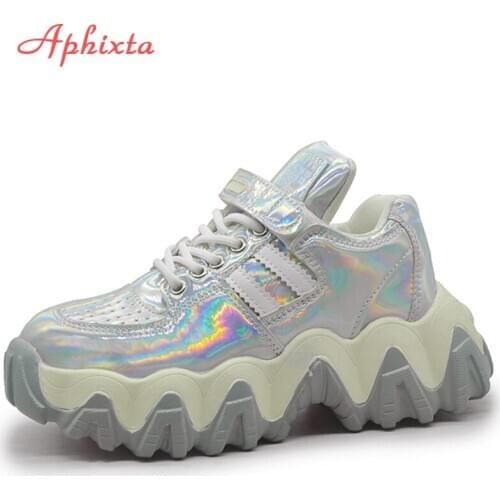 Aphixta Platform Sneakers Height Increasing Wave Chunky Sole Sneakers Women Bling Sequined Cloth Hook & Loop Shoes Woman Female