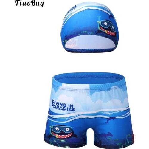 TiaoBug Summer 2Pcs Kids Boys Cartoon Print Stretchy Elastic Waistband Shorts And Hat Set Beach Pool Swimming Bathing Suit
