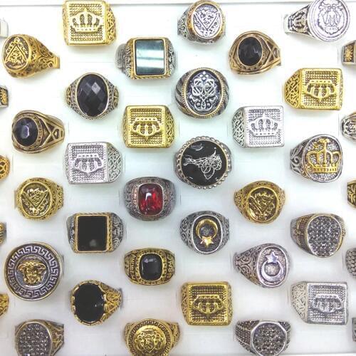 50pcs/lot Gold Color Silver Color Square Round Shape Mixed Designs Mens Rings Wholesale