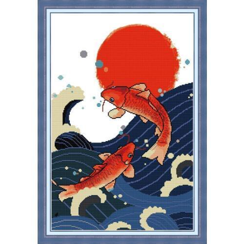 NKF Red Fish Cross Stitch Kits 11CT 14CT Chinese Embroidery Needlework Set Cross Stitch Pattern for Home Decor
