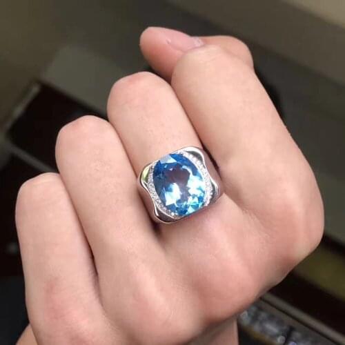 Real And Natural Blue Topaz Ring Man ring Free shipping 925 sterling silver 12*16mm gem For men Fine handworked jewelry