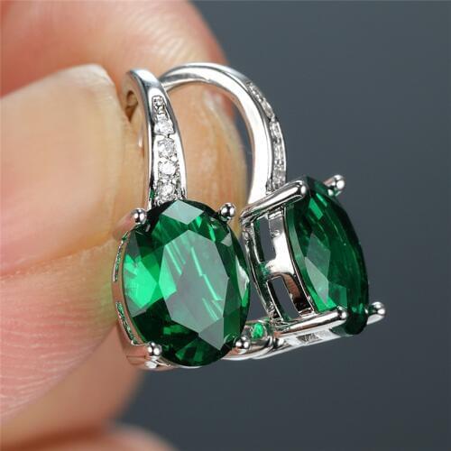 Luxury Female Green Oval Earrings Korean Small Silver Color Clip Earrings For Women Crystal Zircon Stone Wedding Earrings