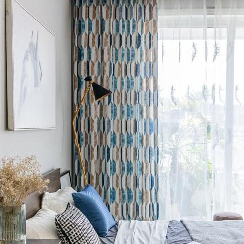 Printed Curtains for Living Room Bedroom,Modern Geometric Window Treatments,Blue Blinds Draps Panel Curtains Customized
