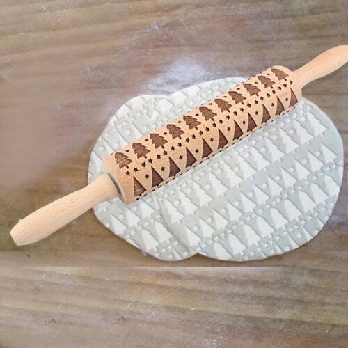 Beech Wood Rolling Pin Embossing Baking Cookies Noodle Cake Dough Xmas Tree Roller FBE2