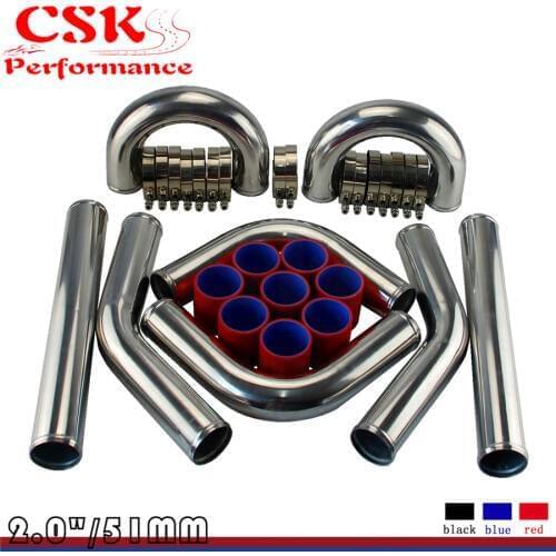 2" 50mm UNIVERSAL ALLOY ALUMINIUM TURBO INTERCOOLER PIPING PIPE KITS+RED HOSES