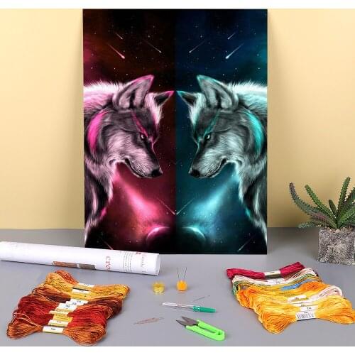 Wolf Indian Woman Printed Water-Soluble Canvas 11CT Cross-Stitch Full Kit DIY Embroidery DMC Threads Handmade Needle