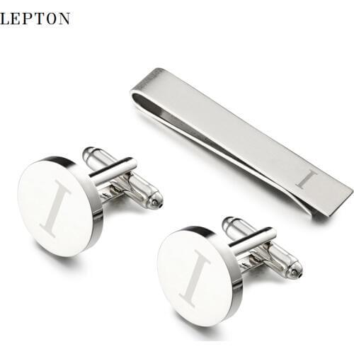 Hot Sale Round Letters I Cufflinks for Mens Silver Color Letters I of alphabet Cuff links & Tie Clip Set Men Shirt Cuffs Button
