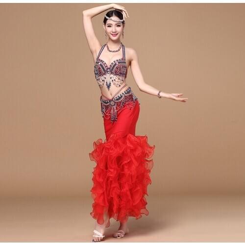 New Arrival 2019 Belly Dance Clothing 3pcs Women Costume Beads Bra C-cup Wrapped Fishtail Skirt Belly Dance Costume Sexy