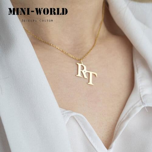 Mini-World Ladies Simple Vertical Double Letter Pendant Necklace Customized Name Initial Letter Stainless Steel Necklace Jewelry