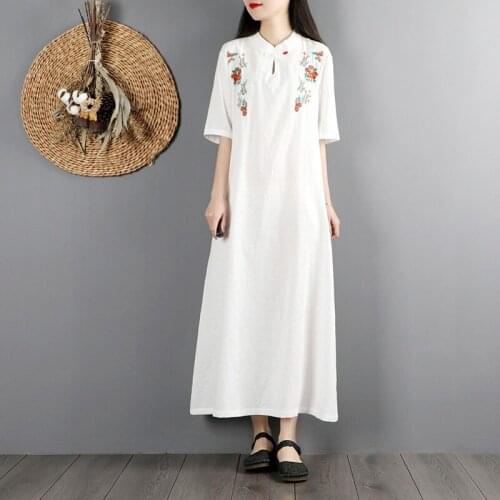 2021 Chinese Dress Qipao Women Long Cheongsam Dress Cotton Linen Embroidery Chinese Traditional Dress Long Dress Qipao KK3698