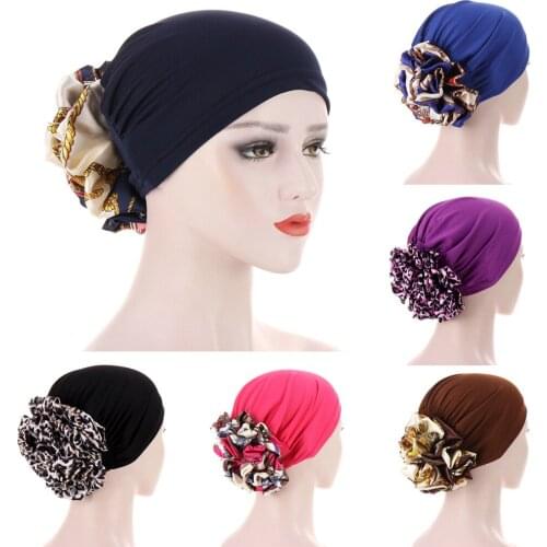2021 New High Quality Soft and comfortable Muslim Headscarf Hat Solid Color With Handmade Large Flower India Cap Women Turban