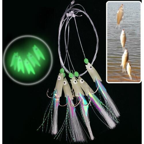 5PCS/Set Sabiki Soft Fishing Lure Rigs ISE Luminous Fish Head String Hook Soft Bait Artificial Lure Worn Fake lure Pesca