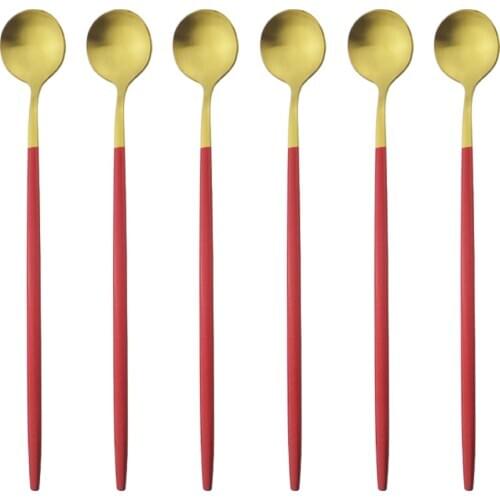 6Pcs Red Gold Long Handled Spoon Stainless Steel Dinnerware Ice Cream Spoon Dessert Coffee Spoon For Picnic Kitchen Accessories