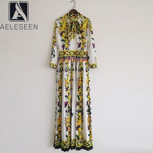 AELESEEN 2021 Spring Maxi Long Dress Women Runway Fashion Bow Collar Yellow Flower Print Pleated Elegant Party Dress