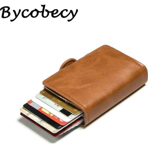 Bycobecy 2021 RFID Blocking Anti-theft PU Leather Travel Money Bag Smart Wallet Double Boxes Card Holder High Quality Metal Box